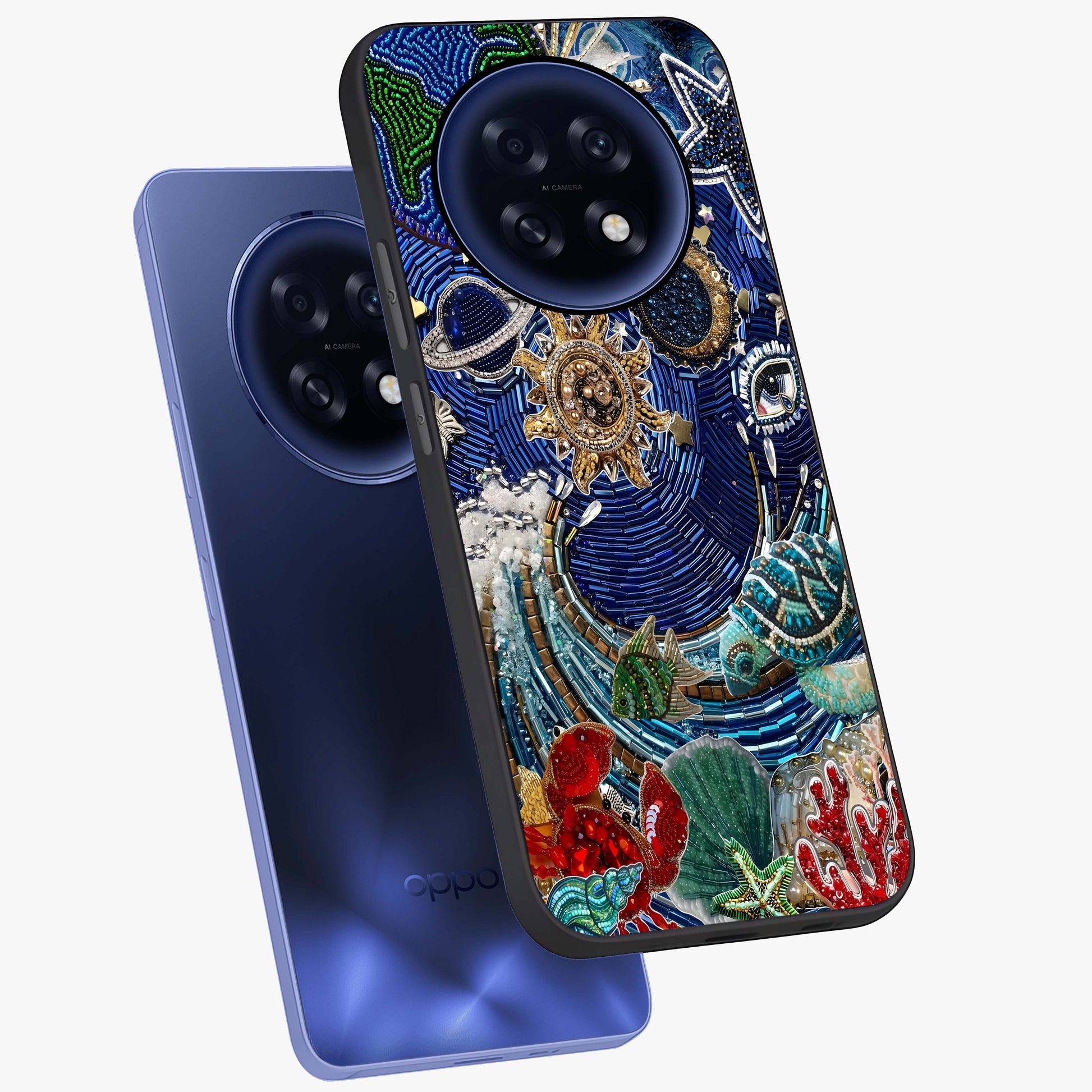 Universe Underwater Spark Glass Case displayed in angled mockup highlighting glowing aquatic design with celestial aesthetic.
