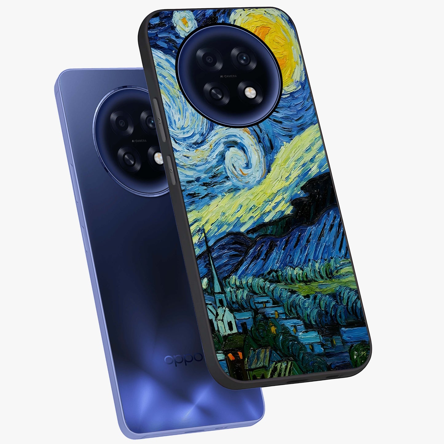 Van Gogh Art Glass Case displayed in angled mockup highlighting swirling brushstroke design with artistic aesthetic.