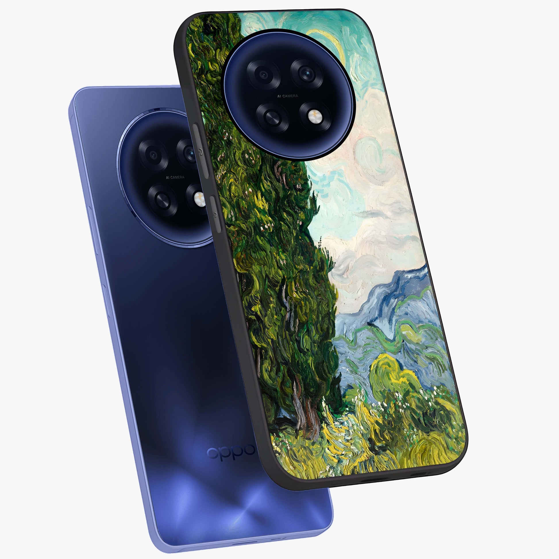 Van Gogh Vintage Art Glass Case displayed in angled mockup highlighting textured brushstroke design with classic aesthetic.