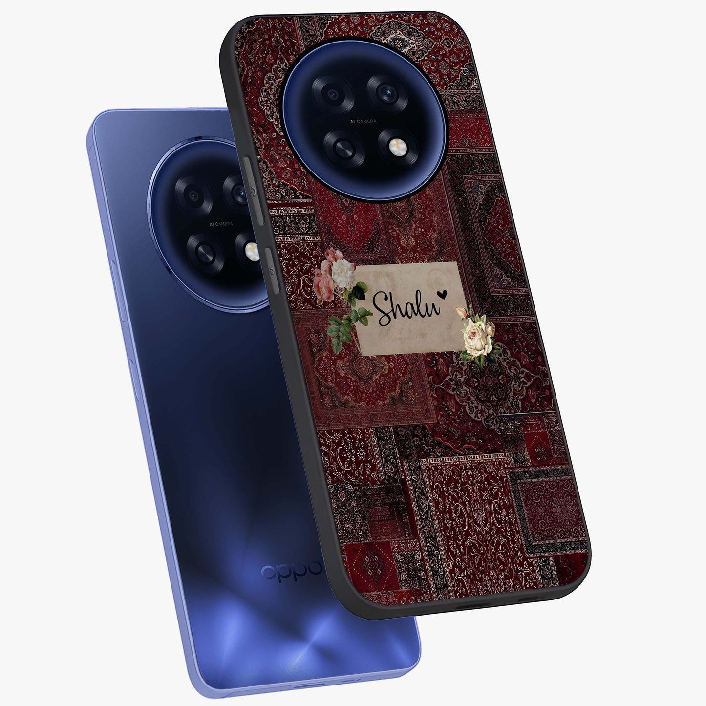Velvet Wine Pattern Custom Name Glass Case displayed in angled mockup highlighting decorative velvet inspired design with custom name feature.