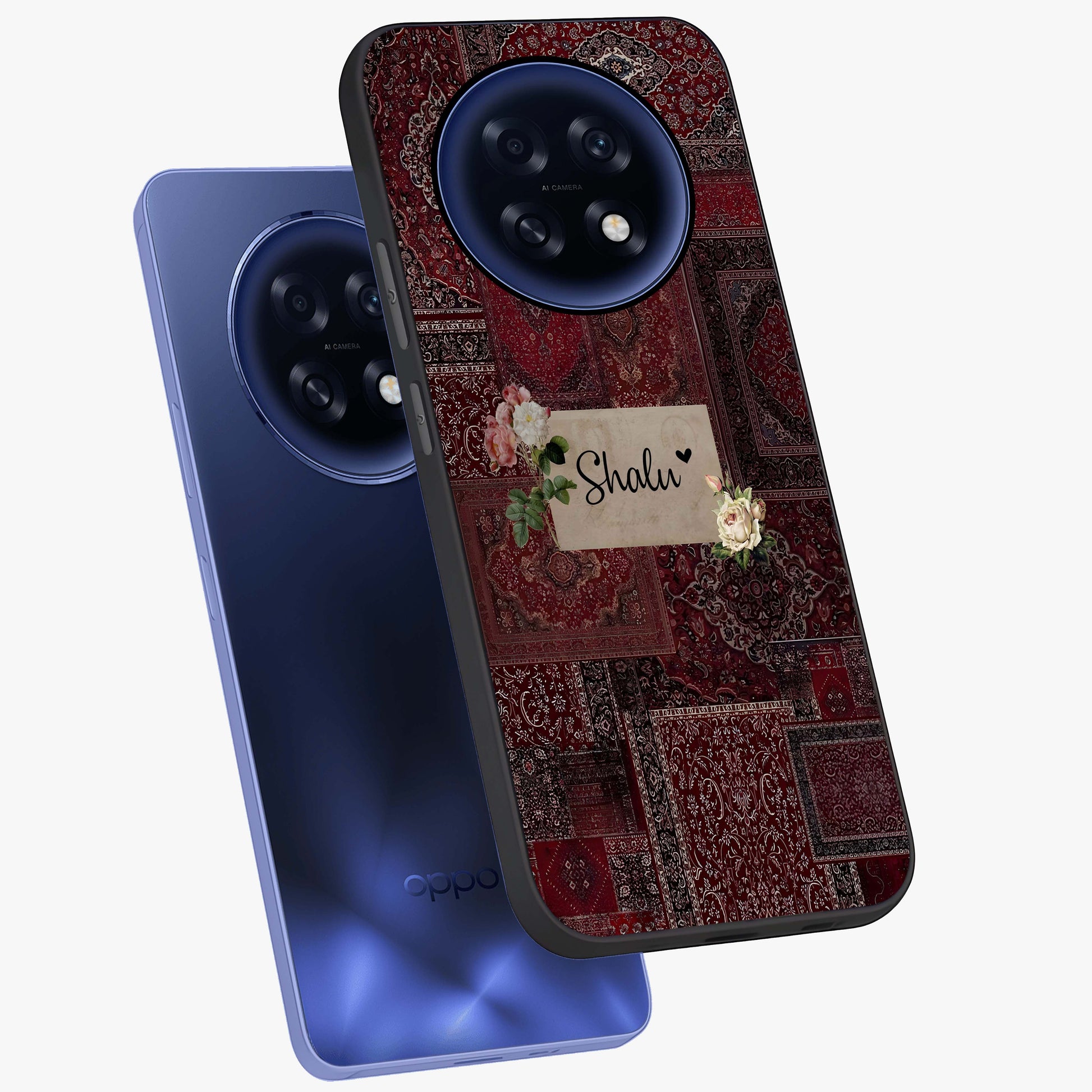 Velvet Wine Pattern Custom Name Glass Case displayed in angled mockup highlighting decorative velvet inspired design with custom name feature.
