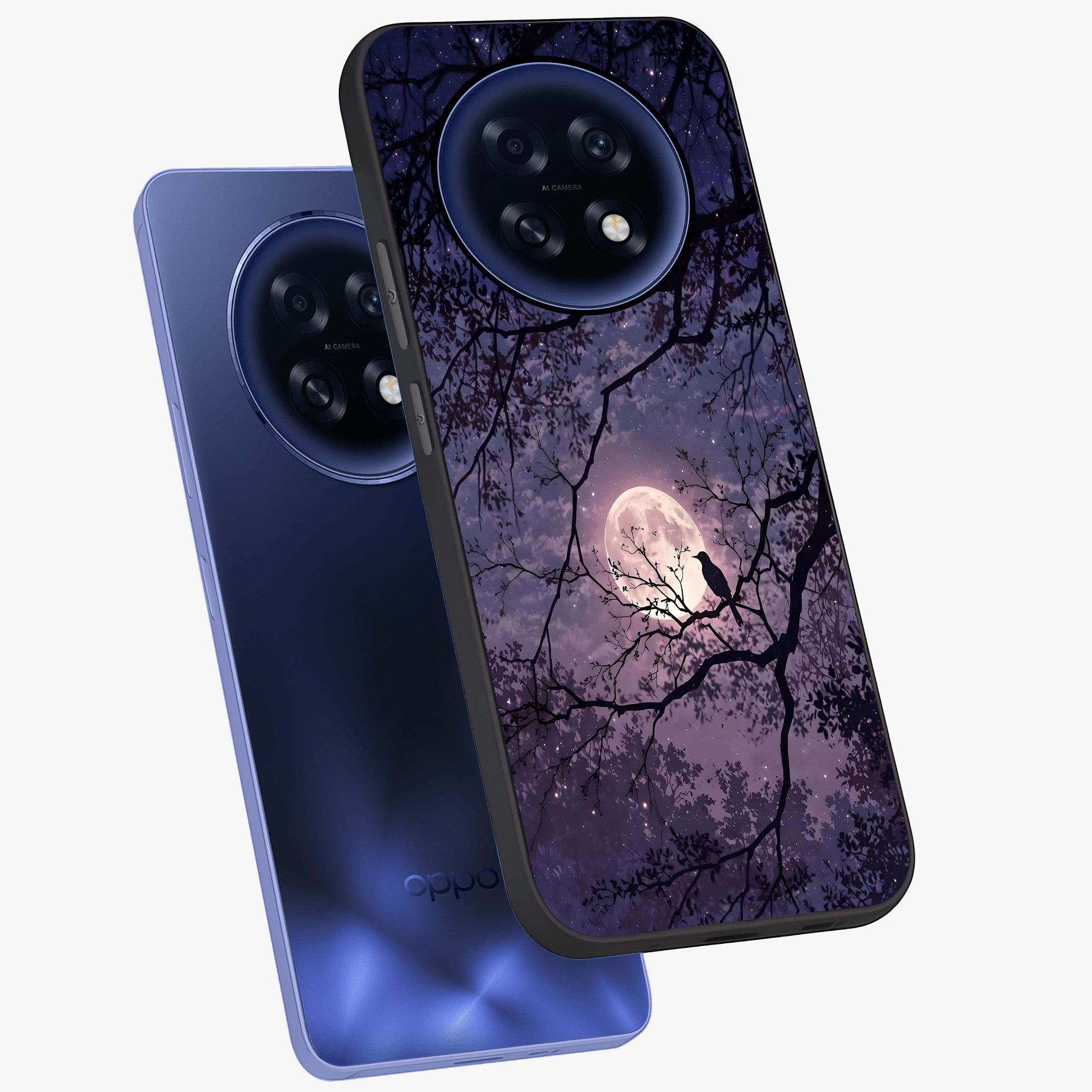 Whispering Moon Silence Glass Case displayed in angled mockup highlighting calm lunar design with dreamy night aesthetic.