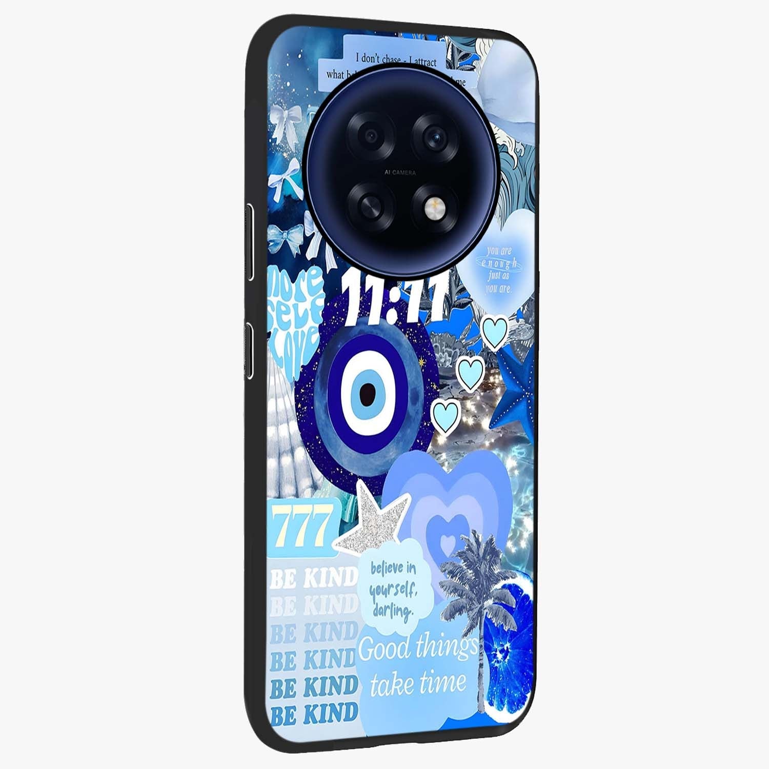 Aesthetic Be Kind Eye Glass Case upright view showcasing stylish eye illustration with positive message theme.