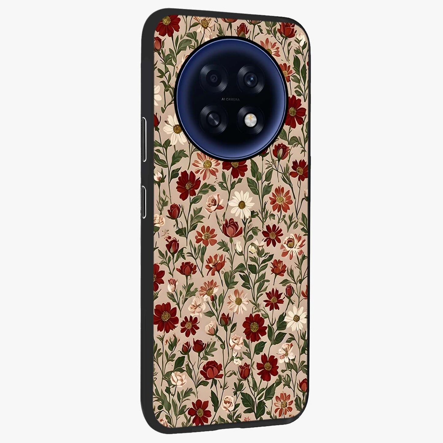 Biege Flower With Leaf Glass Case upright view showcasing delicate beige flower illustration with clean botanical style.