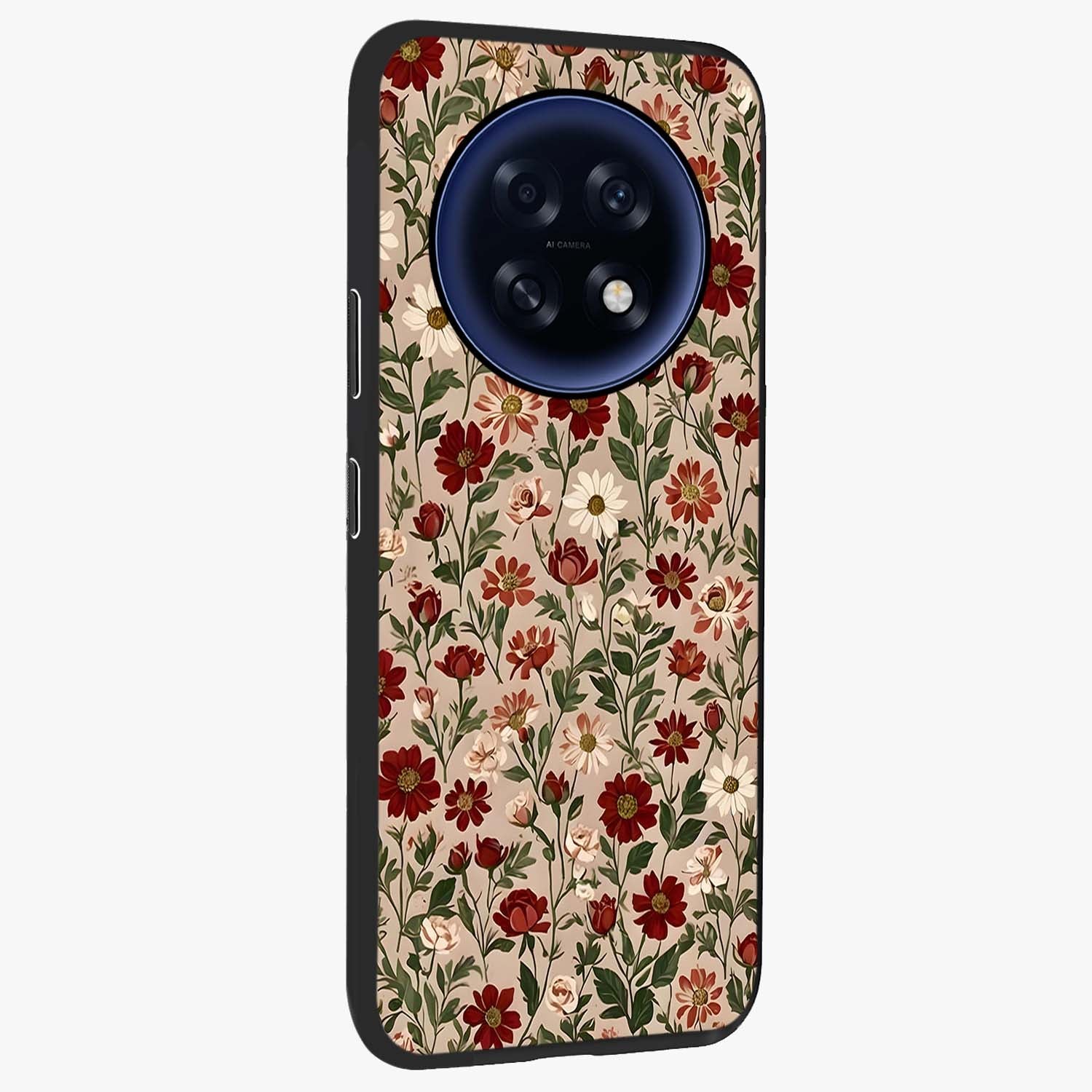 Biege Flower With Leaf Glass Case upright view showcasing delicate beige flower illustration with clean botanical style.