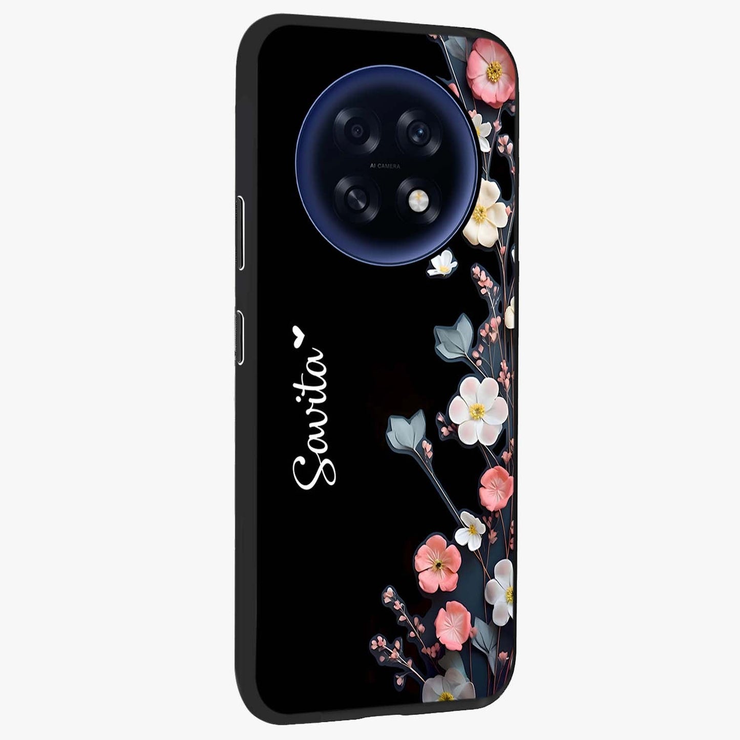 Black Elegance Floral Custom Name Glass Case upright view showcasing luxurious black floral design with personalized name detail.