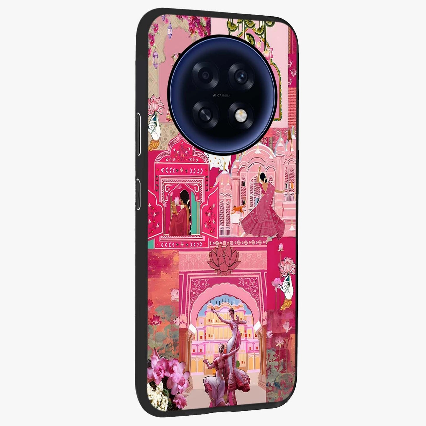 Blossoms of Rajasthan Glass Case upright view showcasing colorful floral design inspired by traditional Indian art.