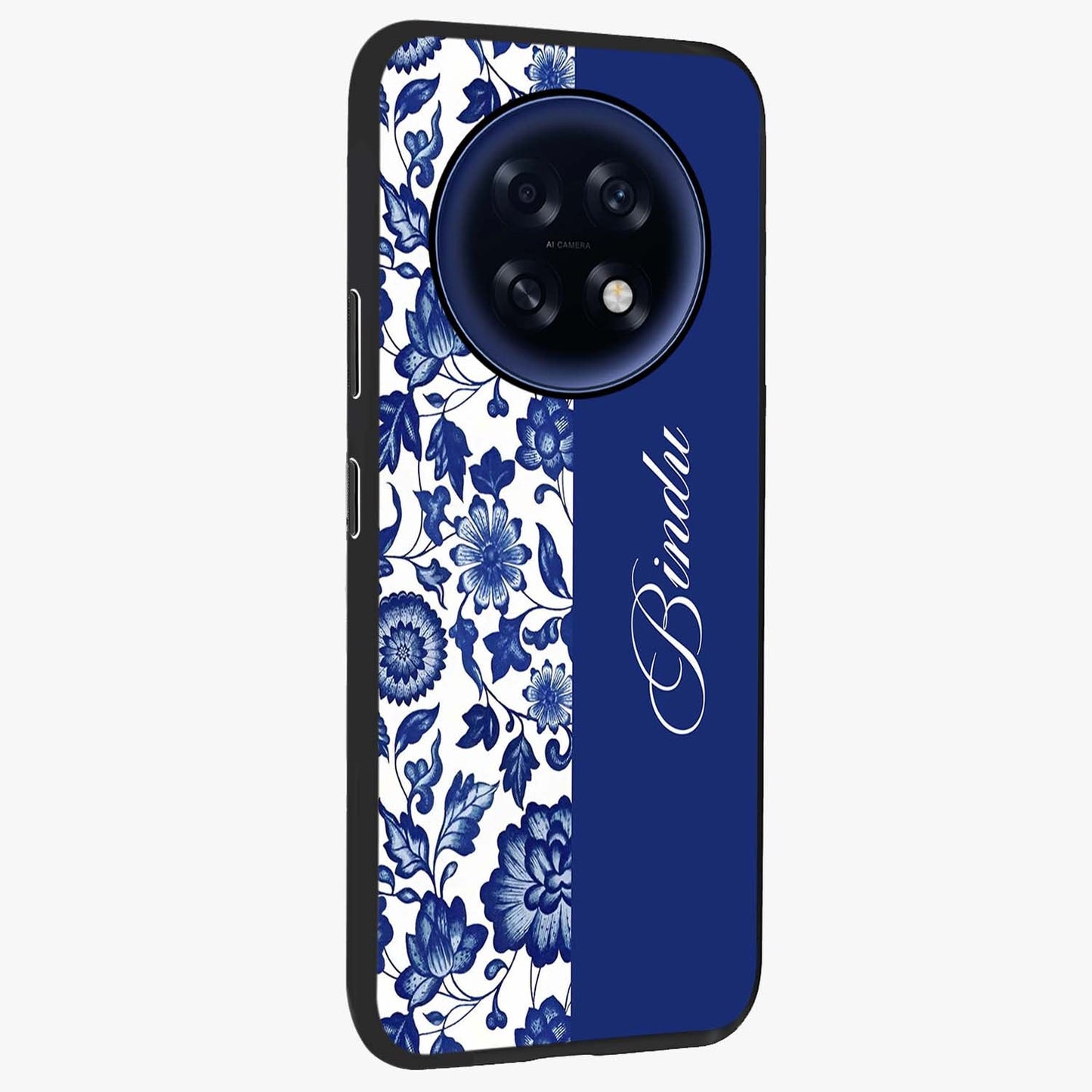 Blue Vintage Floral Pattern Glass Case upright view showcasing delicate blush floral texture with modern minimal style.