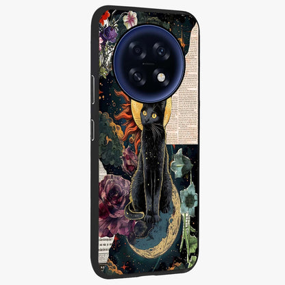 Celestial Black Cat Glass Case upright view showcasing magical black cat illustration with starry cosmic theme.