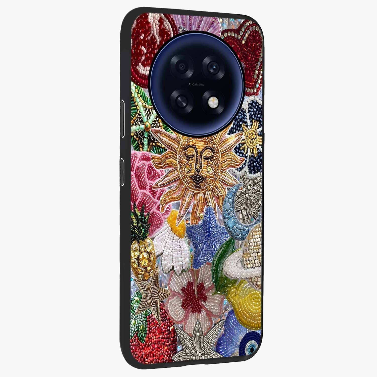 Celestial Floral and Playful Glass Case upright view showcasing whimsical floral artwork with cosmic aesthetic theme.