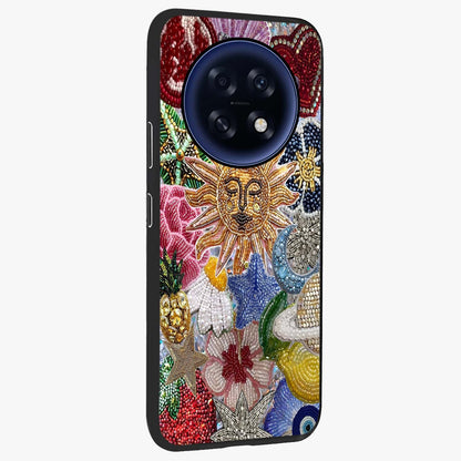 Celestial Floral and Playful Glass Case upright view showcasing whimsical floral artwork with cosmic aesthetic theme.