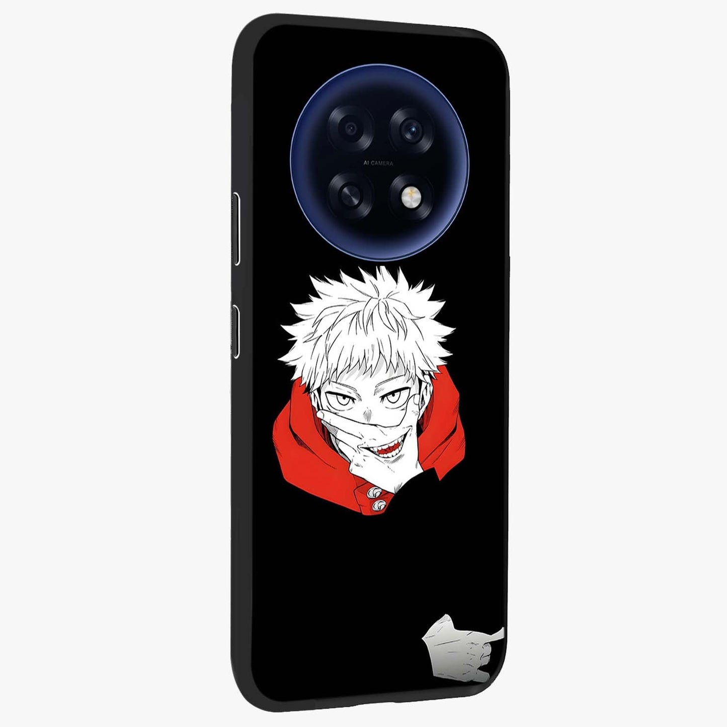 Crimson Chaos Smile Glass Case upright view showcasing expressive chaotic artwork with striking visual theme.