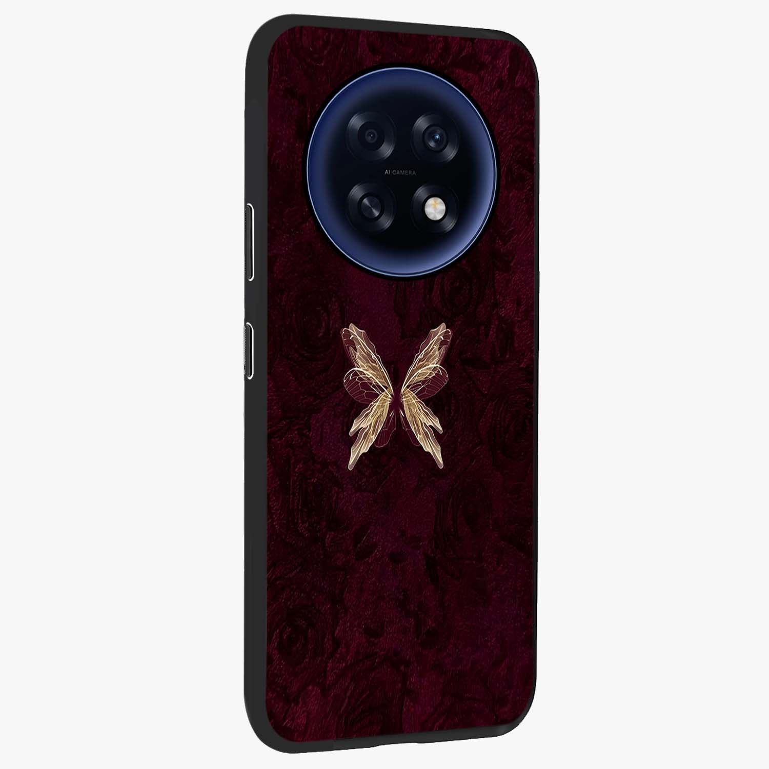 Crimson Fade Butterfly Glass Case upright view showcasing graceful butterfly artwork with soft crimson fade effect.