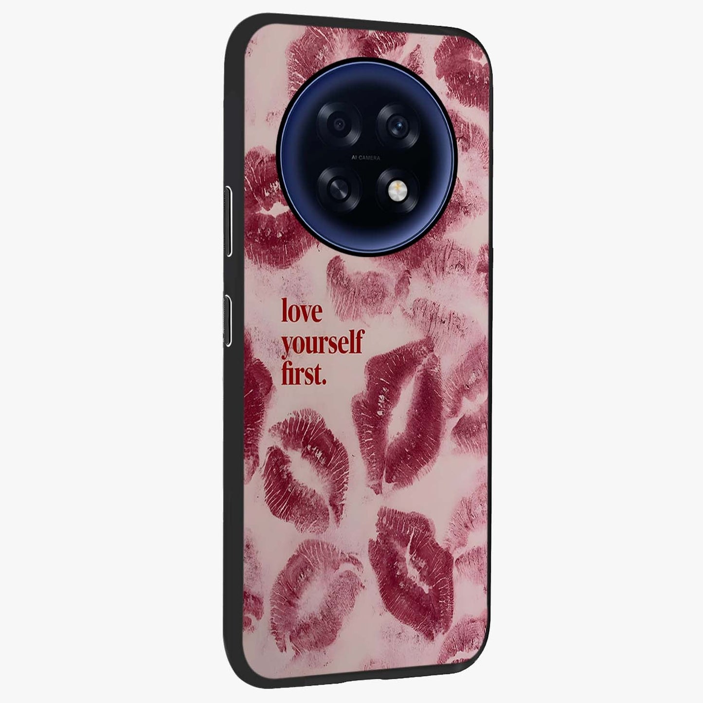 Crimson Kiss Love Glass Case upright view showcasing expressive romantic artwork with deep crimson theme.
