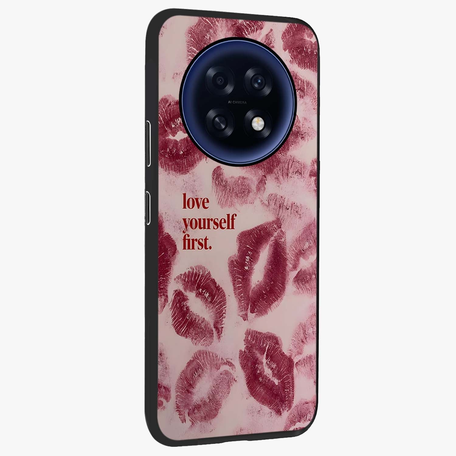 Crimson Kiss Love Glass Case upright view showcasing expressive romantic artwork with deep crimson theme.