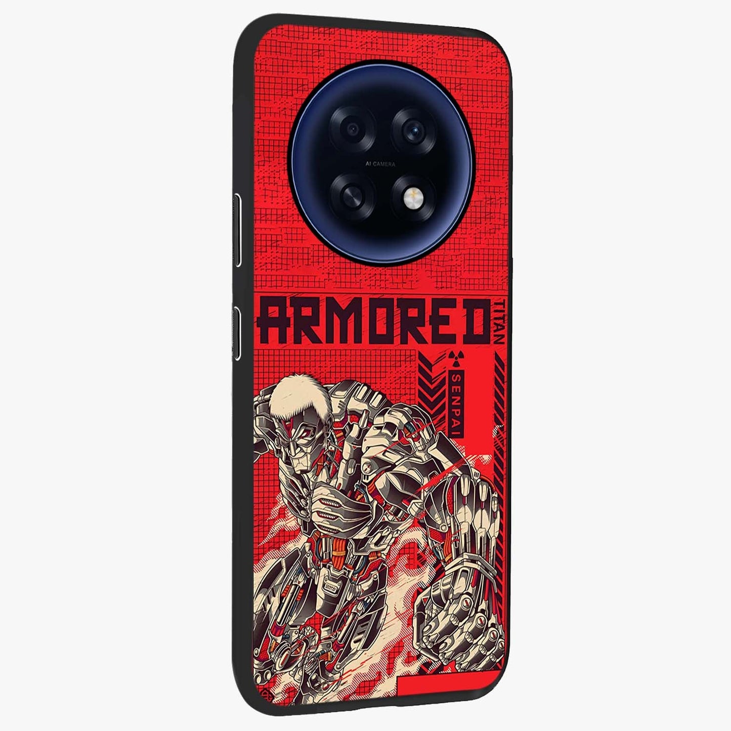 Crimson Mecha Titan Glass Case upright view showcasing dynamic robotic titan design with sci-fi inspired theme.