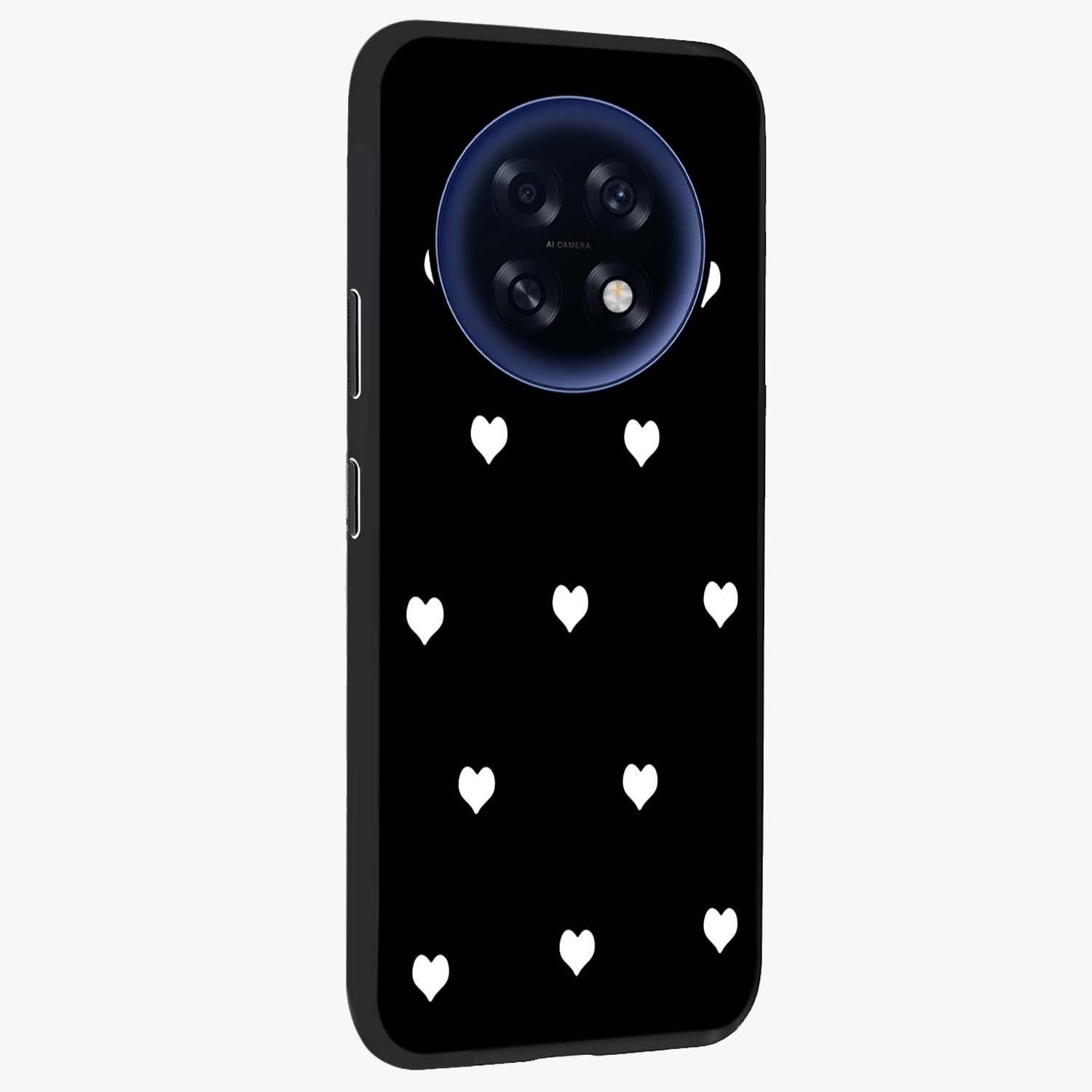 Cute And Simple White Hearts Glass Case upright view showcasing simple white hearts artwork with soft minimal theme.
