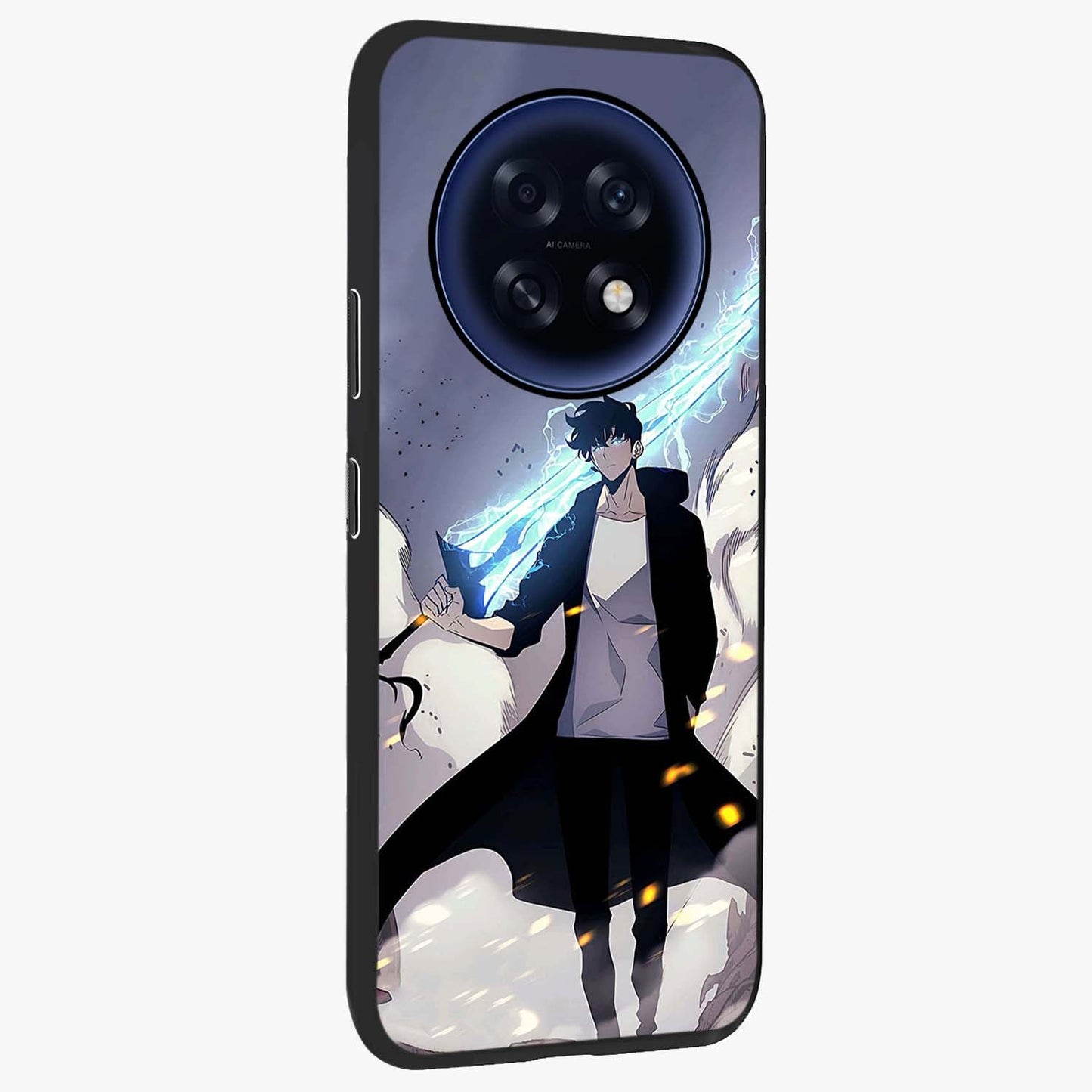 Dark Lightning Anime Warrior Glass Case upright view showcasing dramatic warrior artwork with dark lightning aesthetic.