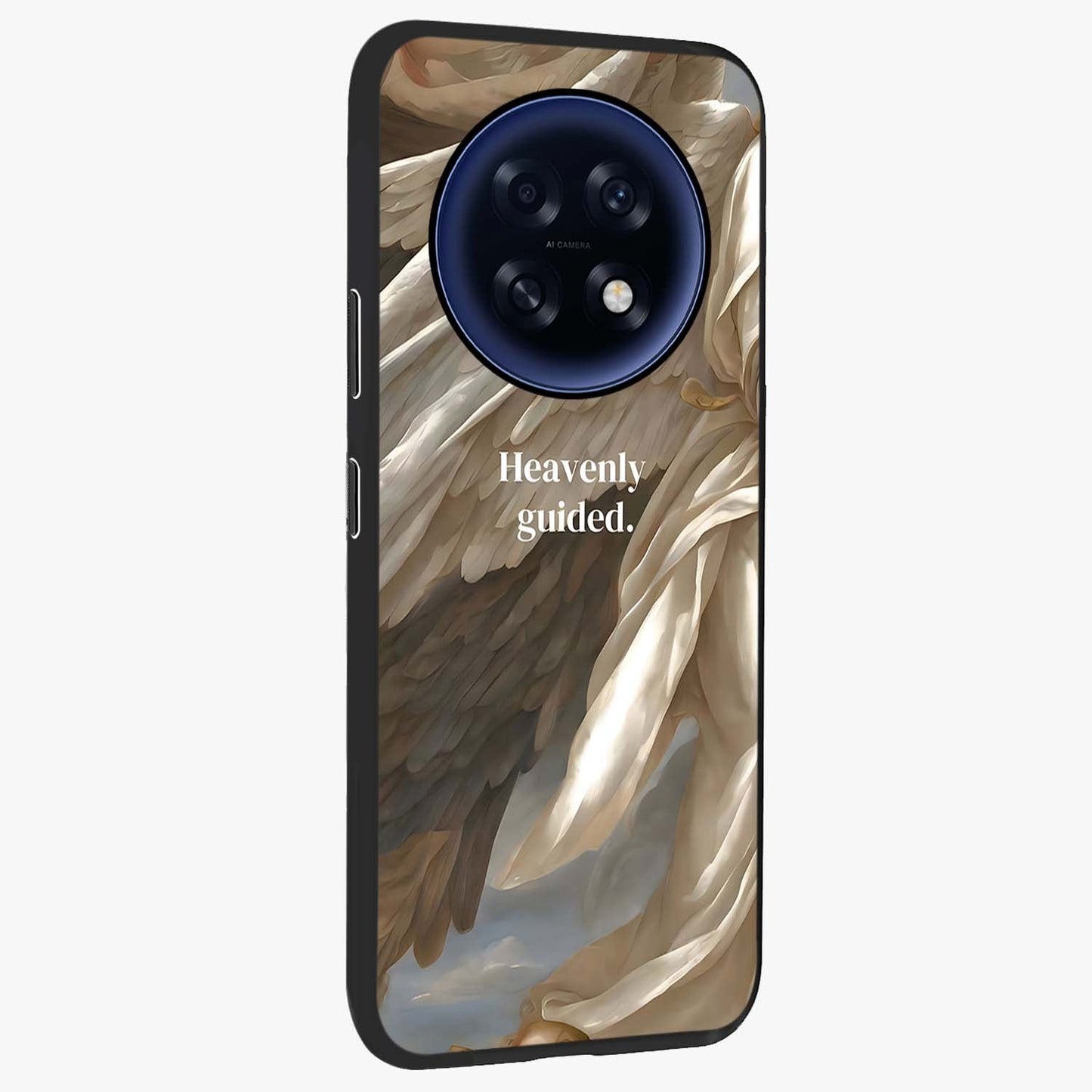 Divine Winged Grace Glass Case upright view showcasing spiritual wing artwork with soft celestial theme.