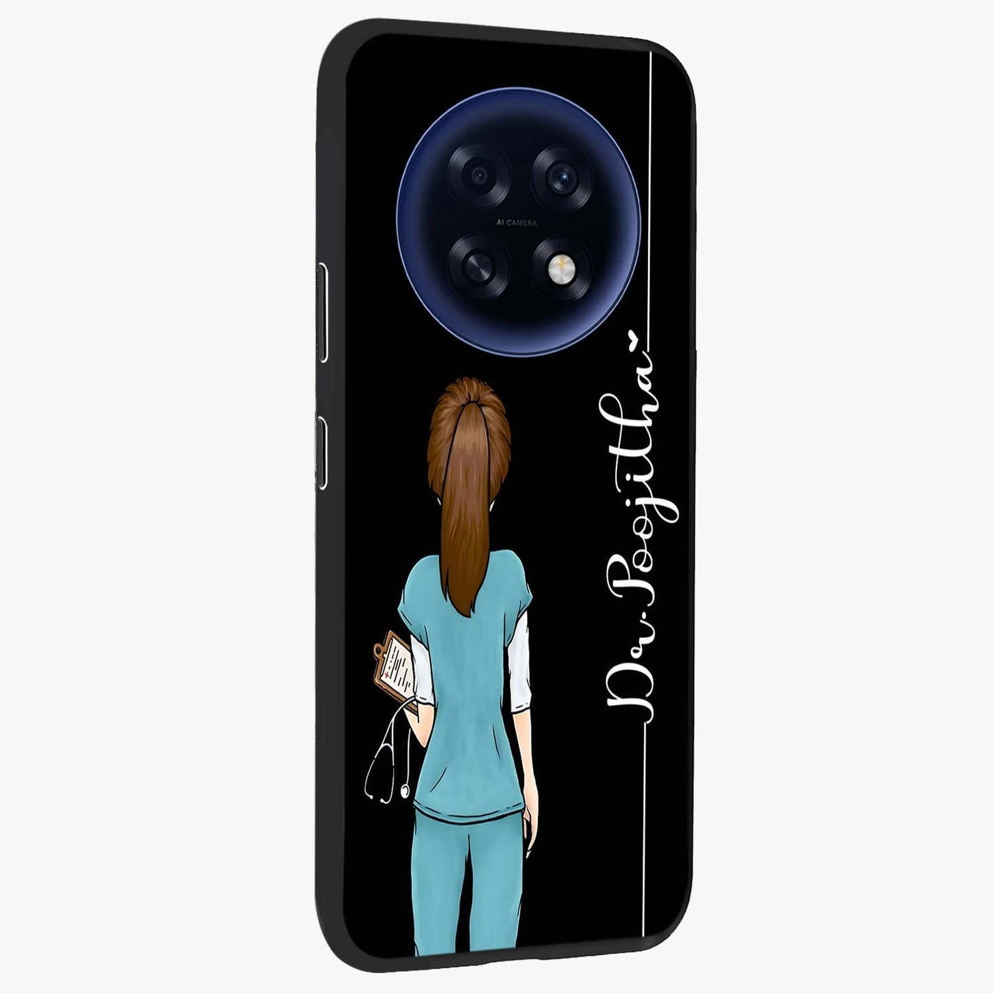 Doctor Pattern Custom Name Glass Case upright view showcasing healthcare themed design with personalized aesthetic.
