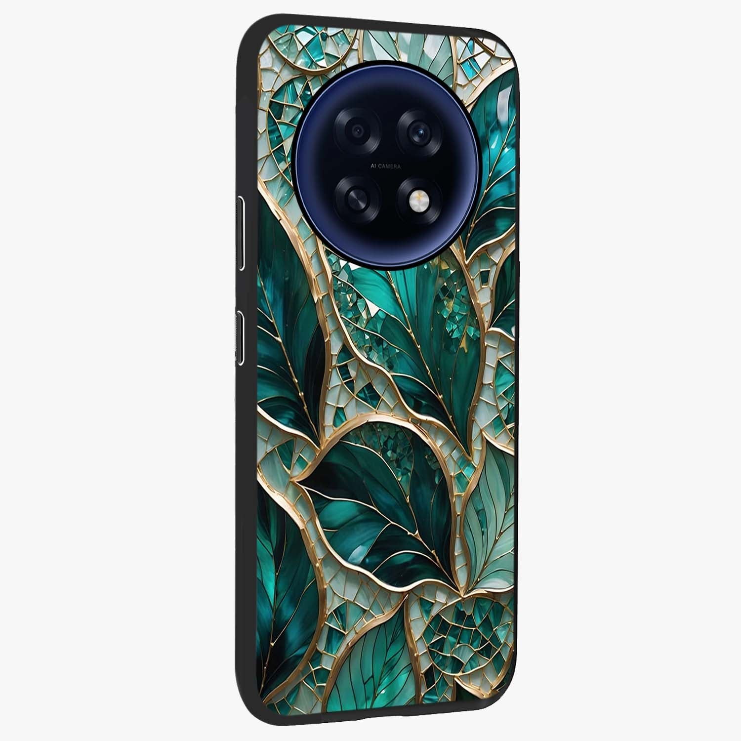 Emerald Leaf Glass Glass Case upright view showcasing fresh green leaf artwork with calming nature inspired style.