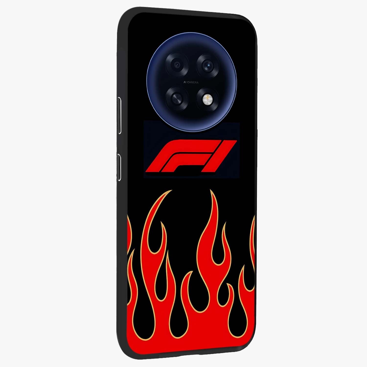 Fire F11 Glass Case upright view showcasing dynamic flame artwork with intense visual theme.