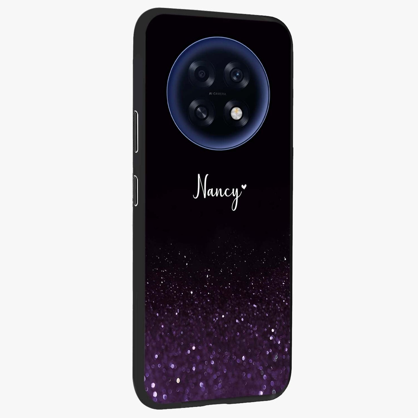 Glittery Purple Bokeh Custom Name Glass Case upright view showcasing vibrant purple sparkle artwork with personalized aesthetic style.