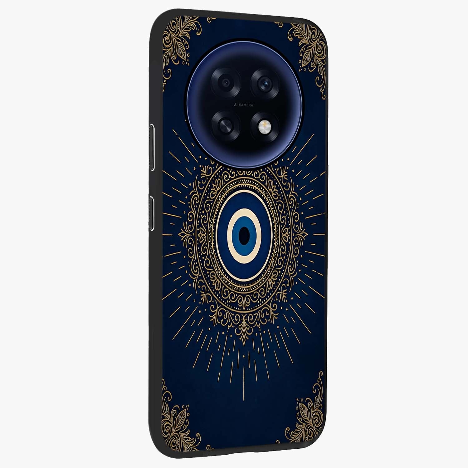 Golden Celestial Charm Glass Case upright view showcasing radiant celestial artwork with elegant golden theme.