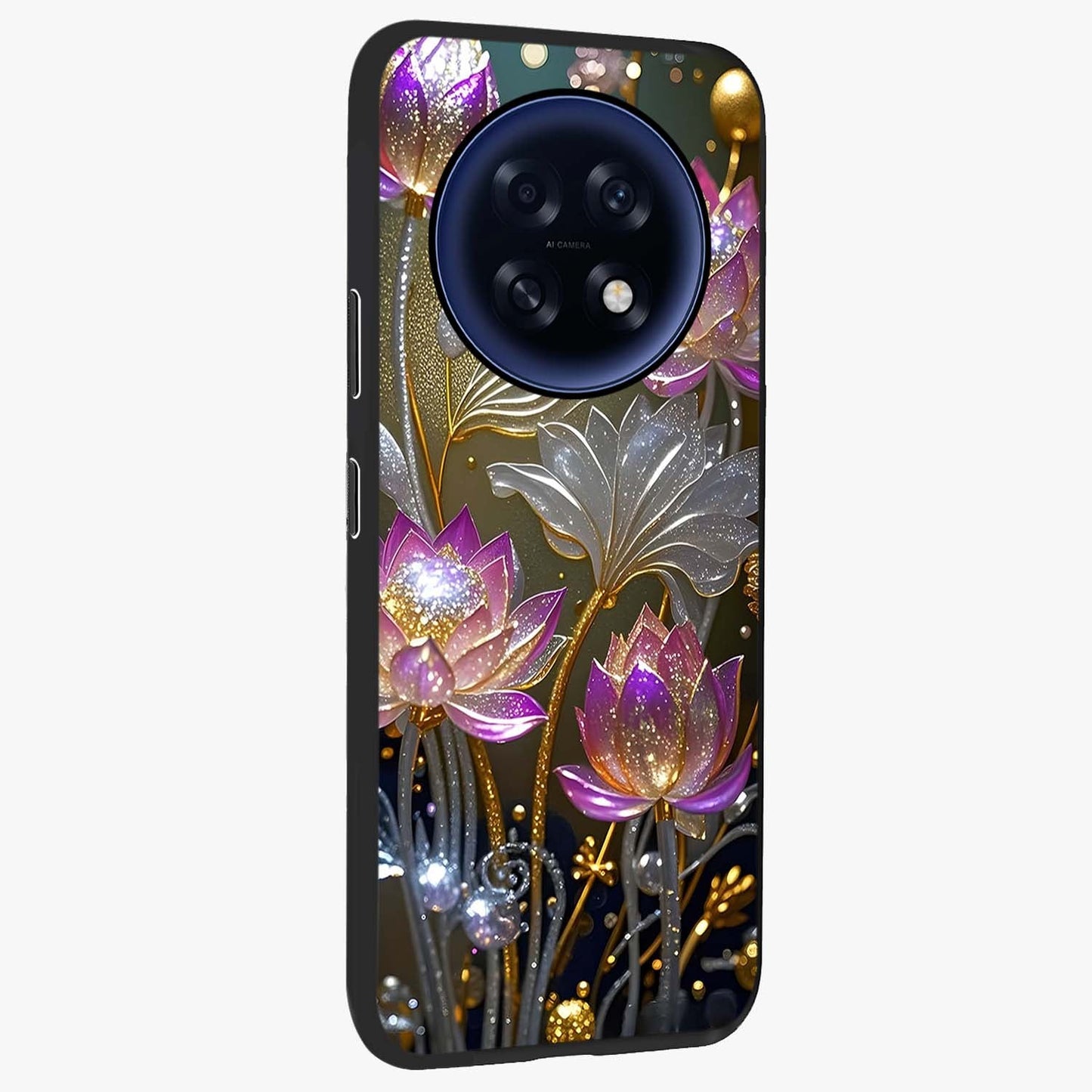 Golden Floral Majesty Glass Case upright view showcasing majestic floral artwork with rich decorative theme.