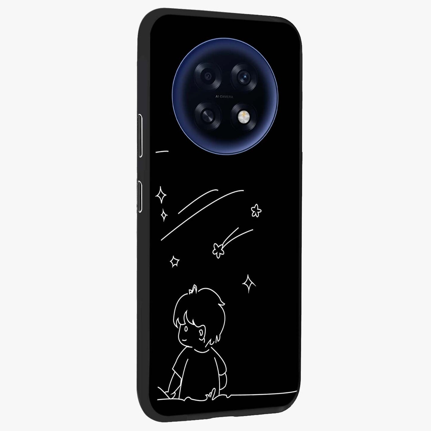 Line Art Boy With Shooting Stars Glass Case upright view showcasing artistic shooting star illustration with minimal style.