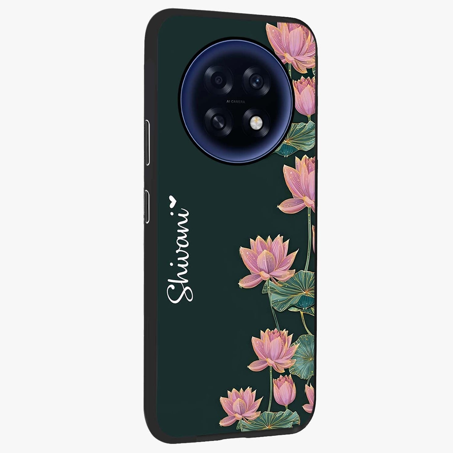 Lotus Bloom Serenity Custom Name Glass Case upright view showcasing serene lotus bloom artwork with personalized floral aesthetic.