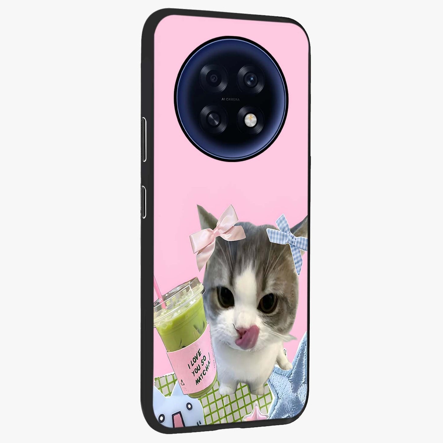 Love Matcha Cat Glass Case upright view showcasing adorable cat artwork with charming matcha themed design.