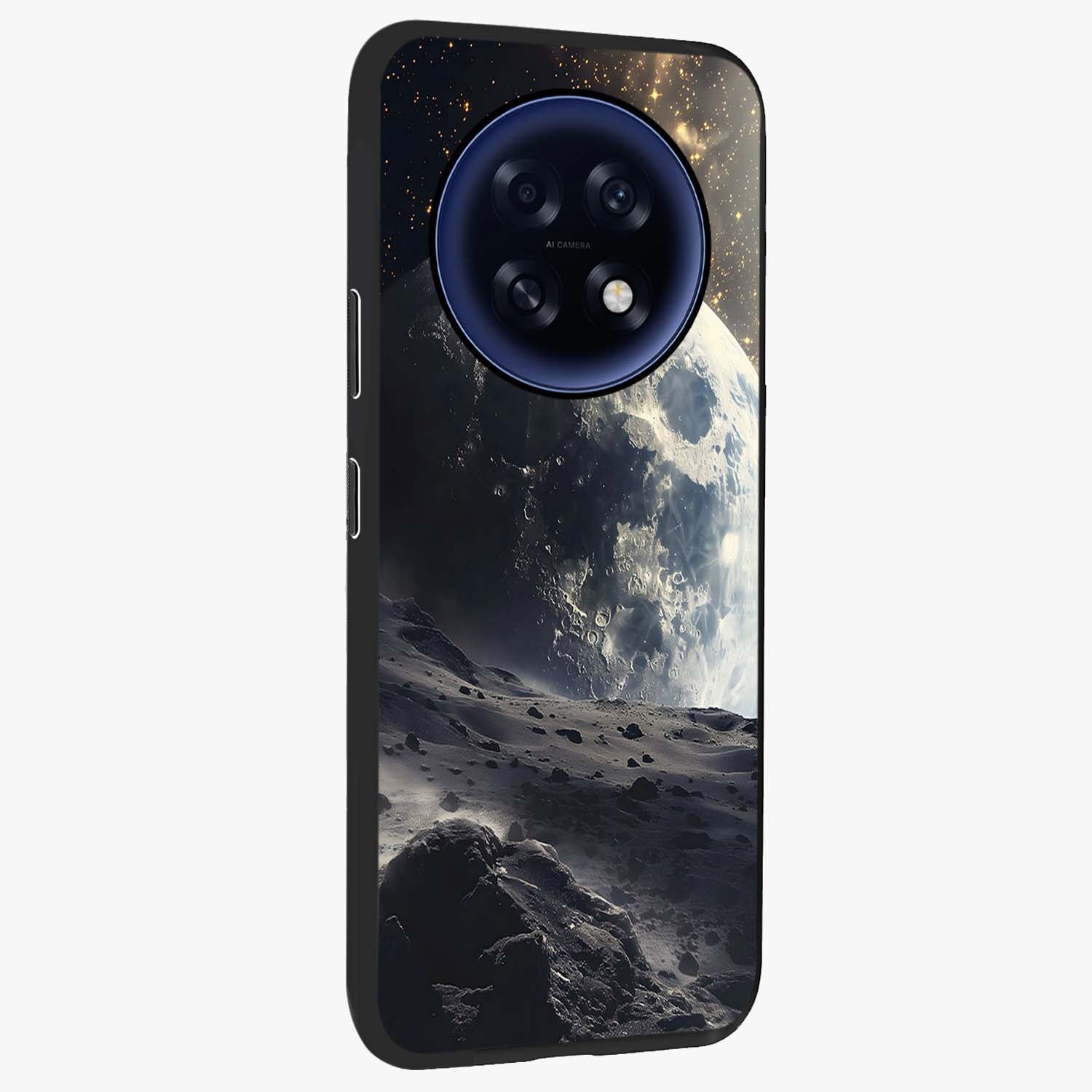 Lunar Horizon Glow Glass Case upright view showcasing radiant lunar artwork with calm cosmic theme.