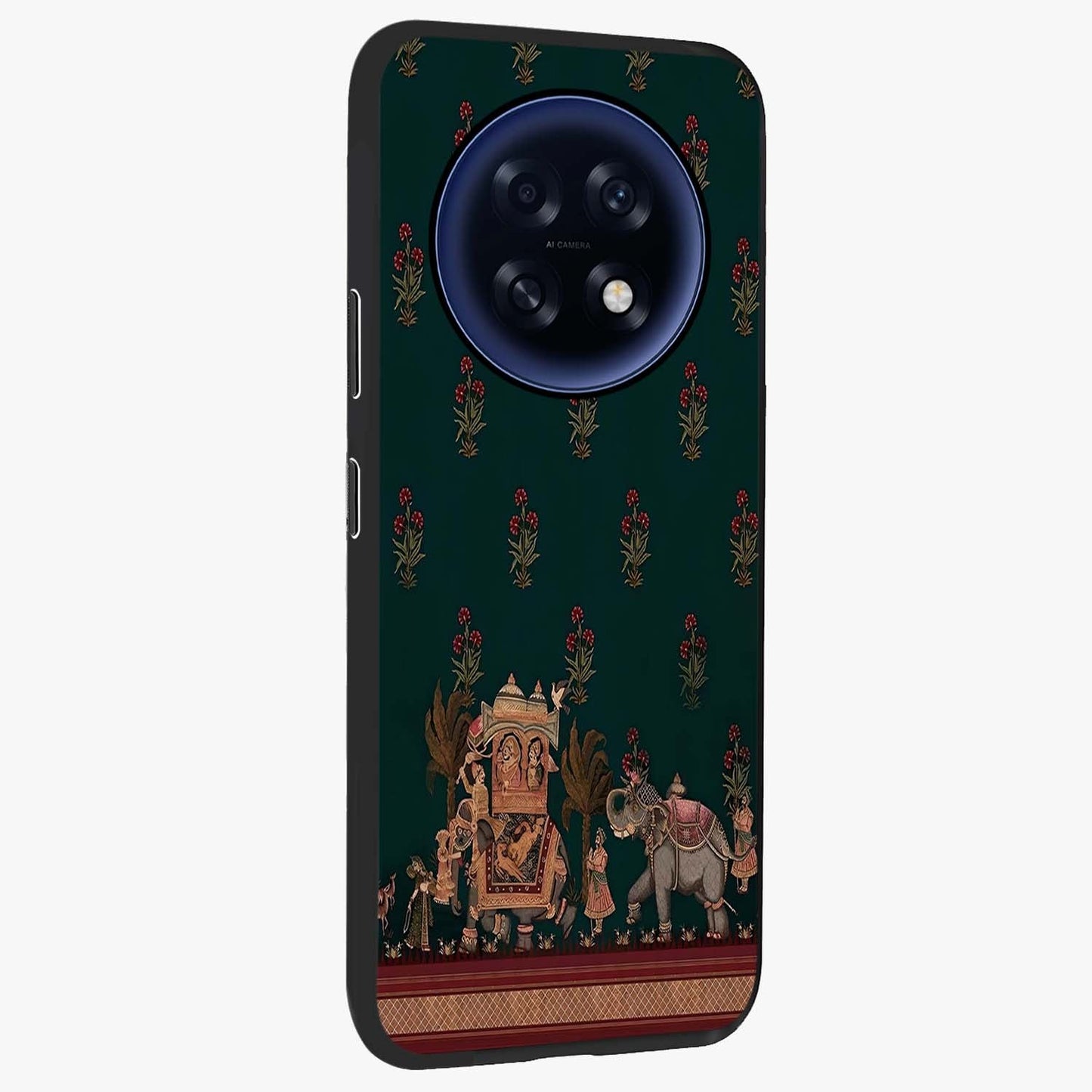 Macmerise Glass Case upright view showcasing bold artistic artwork with contemporary design theme.