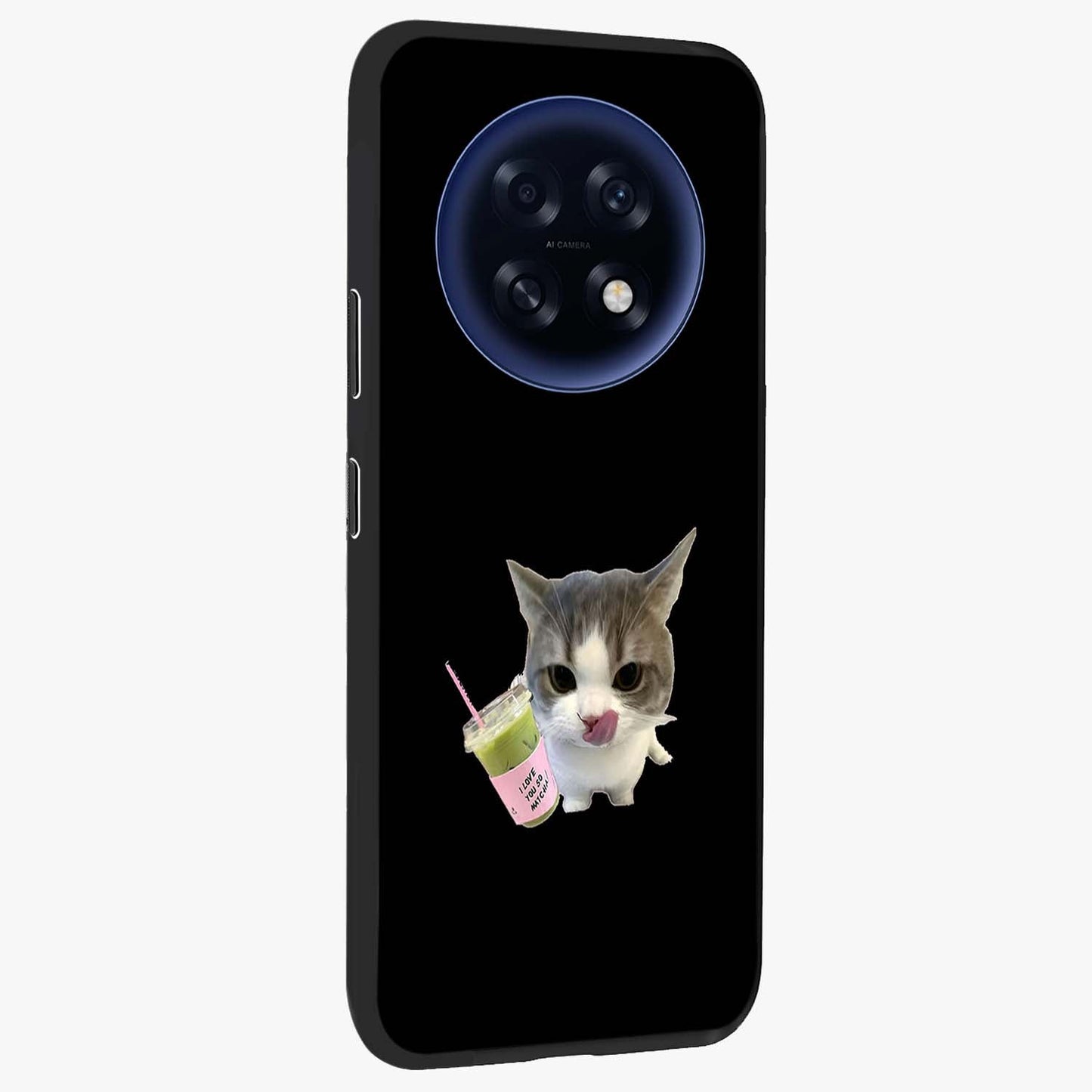 Matcha Cat Style Glass Case upright view showcasing charming cat artwork with cozy aesthetic theme.