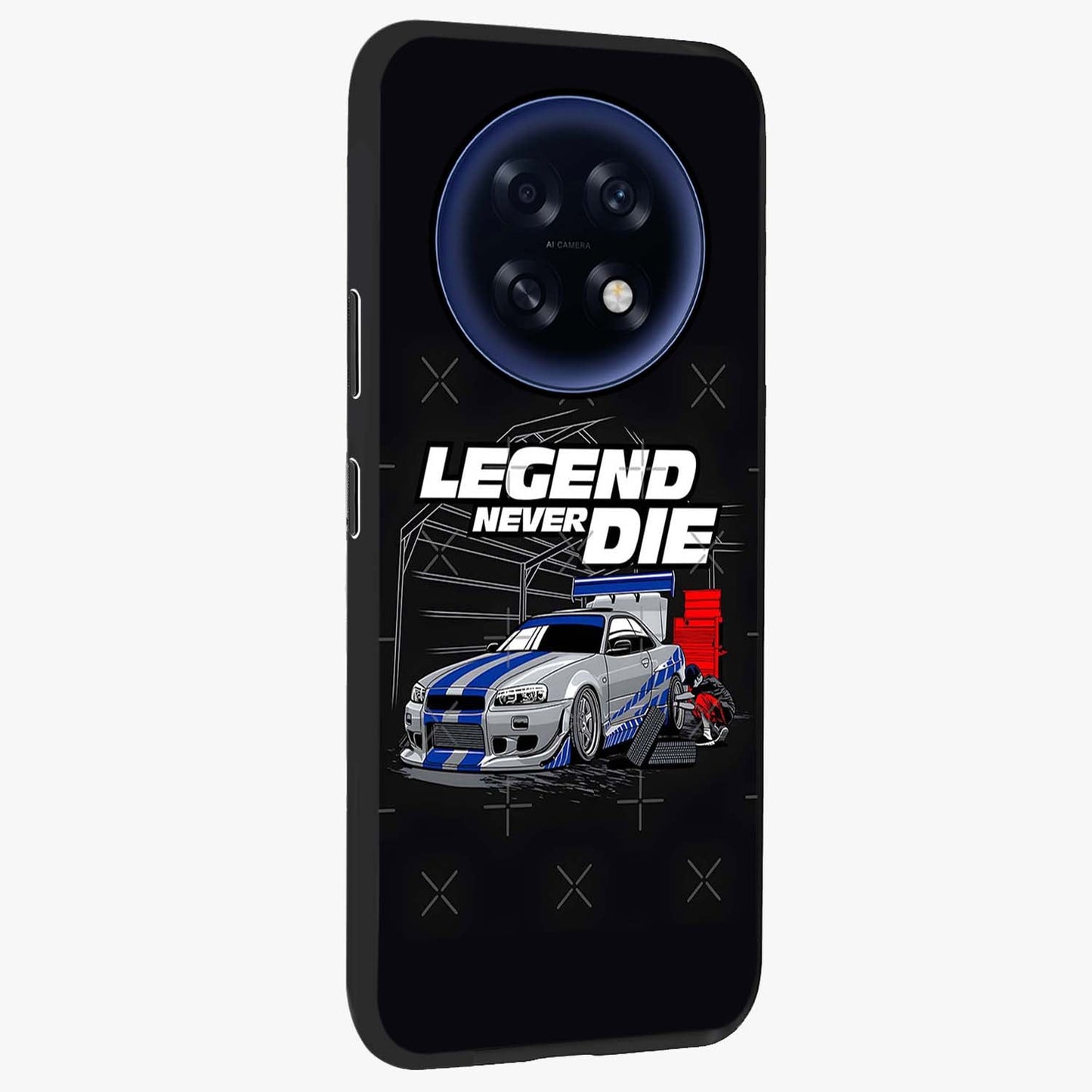 Midnight Racing Legacy Glass Case upright view showcasing powerful racing artwork with modern sports theme.