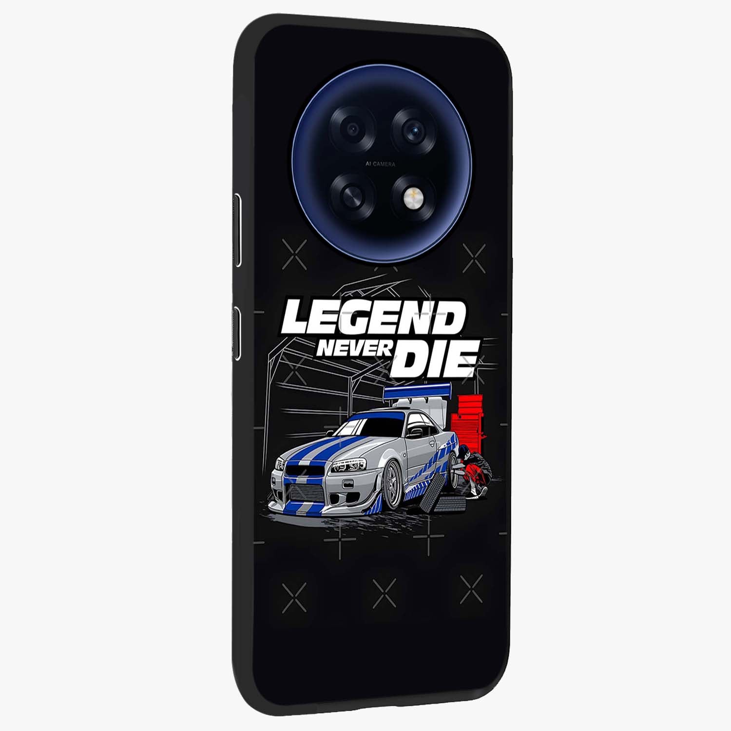 Midnight Racing Legacy Glass Case upright view showcasing powerful racing artwork with modern sports theme.