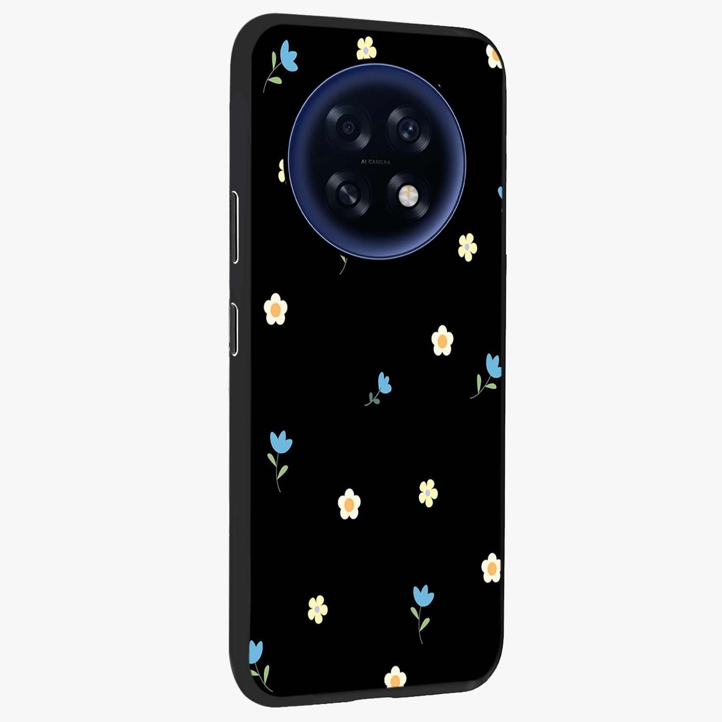 Minimal Petal Whispers Glass Case upright view showcasing elegant floral artwork with modern minimalist style.