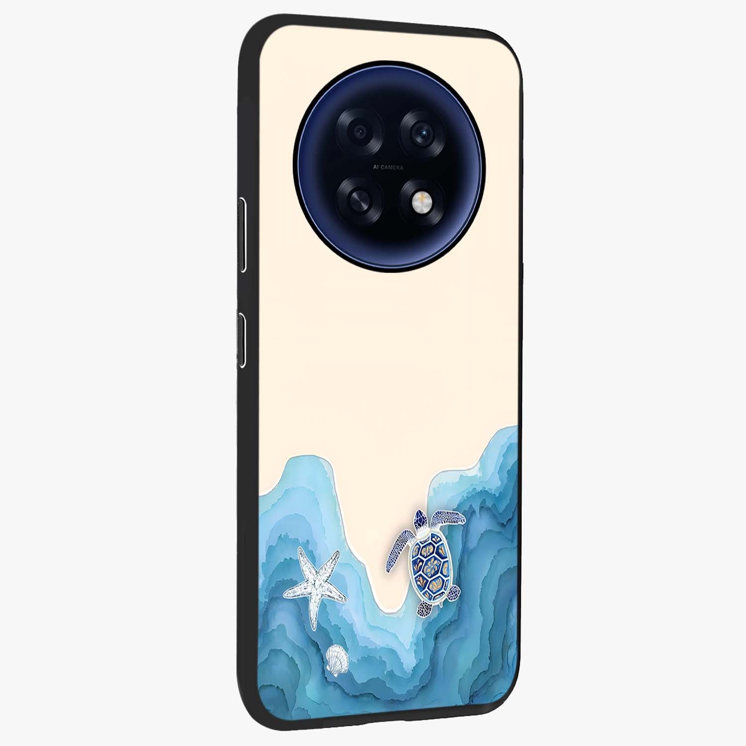 Ocean Drift Turtle Glass Case upright view showcasing calm underwater turtle artwork with nature inspired theme.