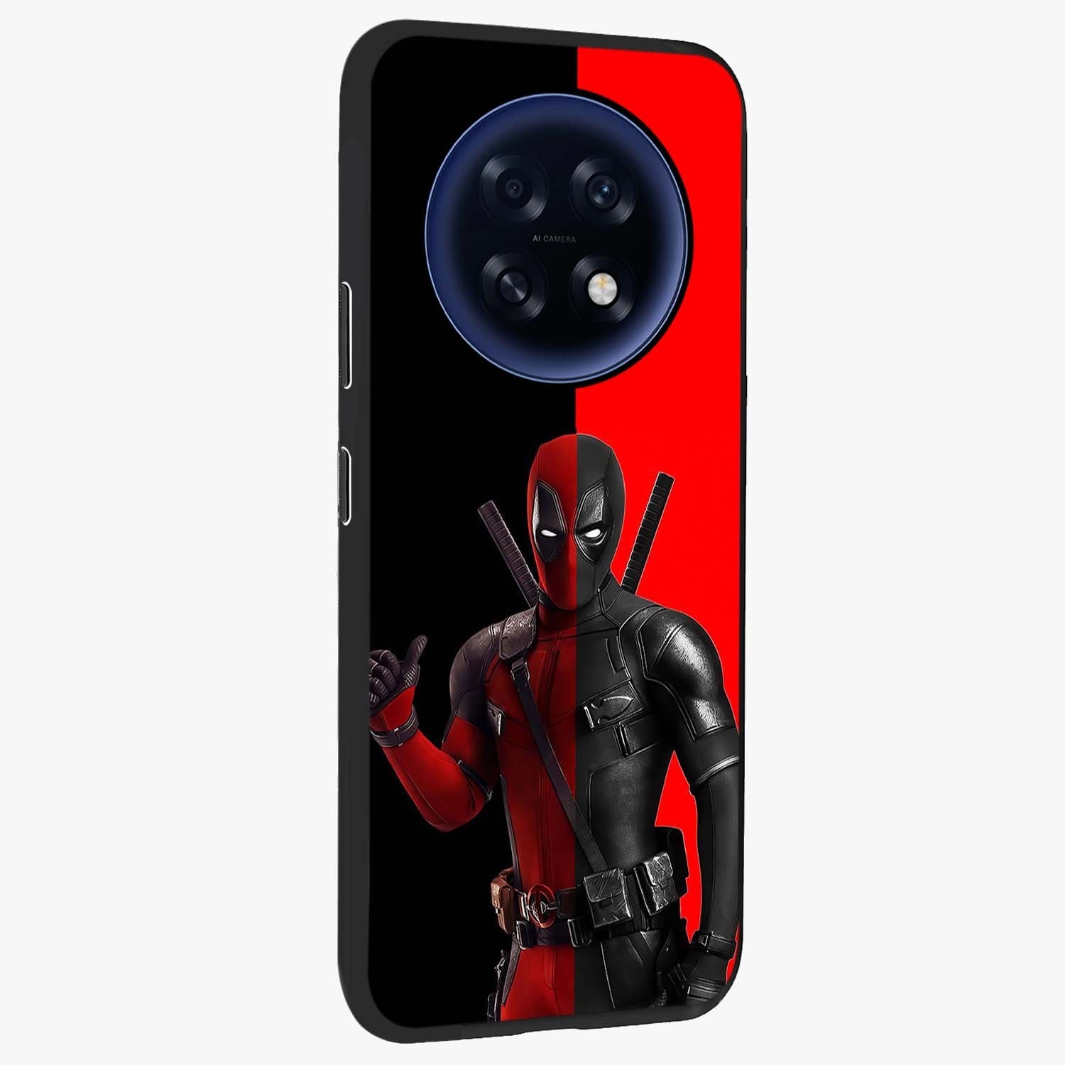 Red & Black Deadpool Theme Glass Case upright view showcasing energetic comic themed artwork with striking red and black design.