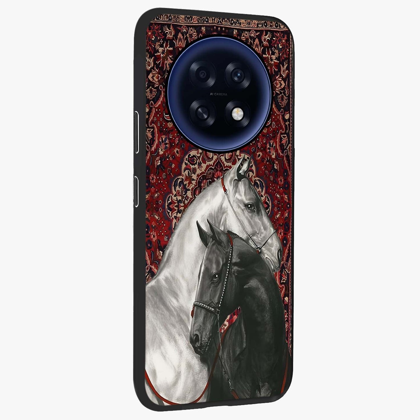 Regal Stallion Tapestry Glass Case upright view showcasing powerful horse artwork with elegant tapestry theme.