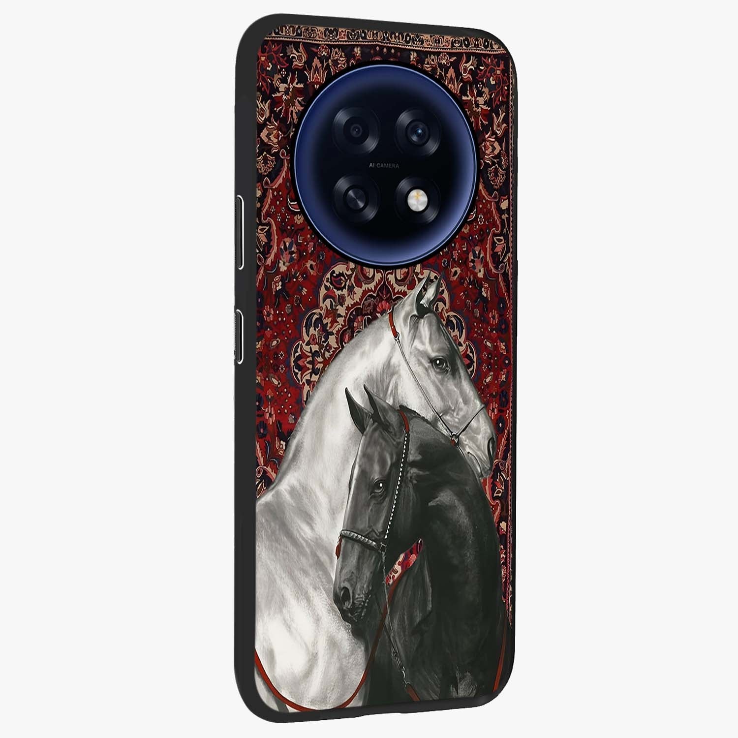 Regal Stallion Tapestry Glass Case upright view showcasing powerful horse artwork with elegant tapestry theme.