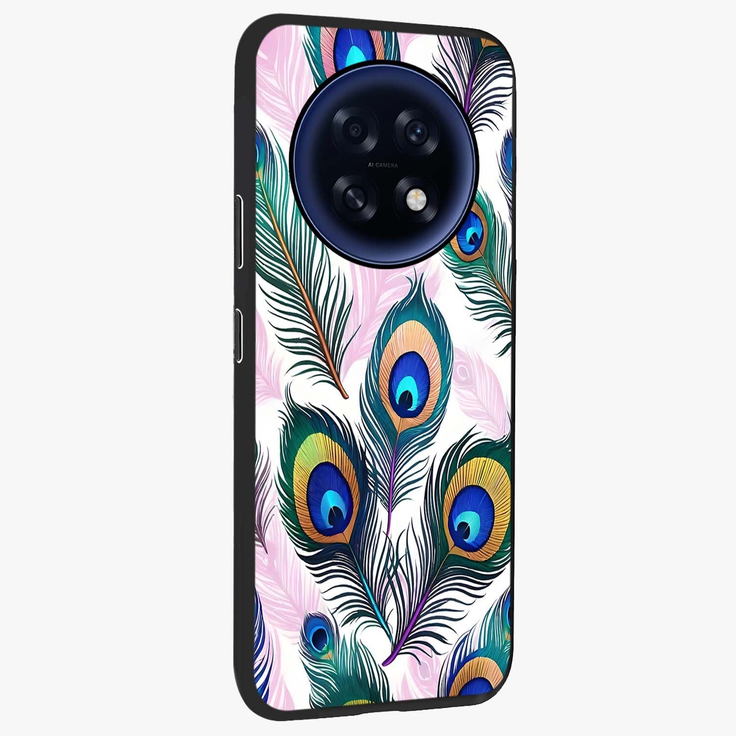 Royal Peacock Feathers Glass Case upright view showcasing elegant peacock feather artwork with decorative royal theme.