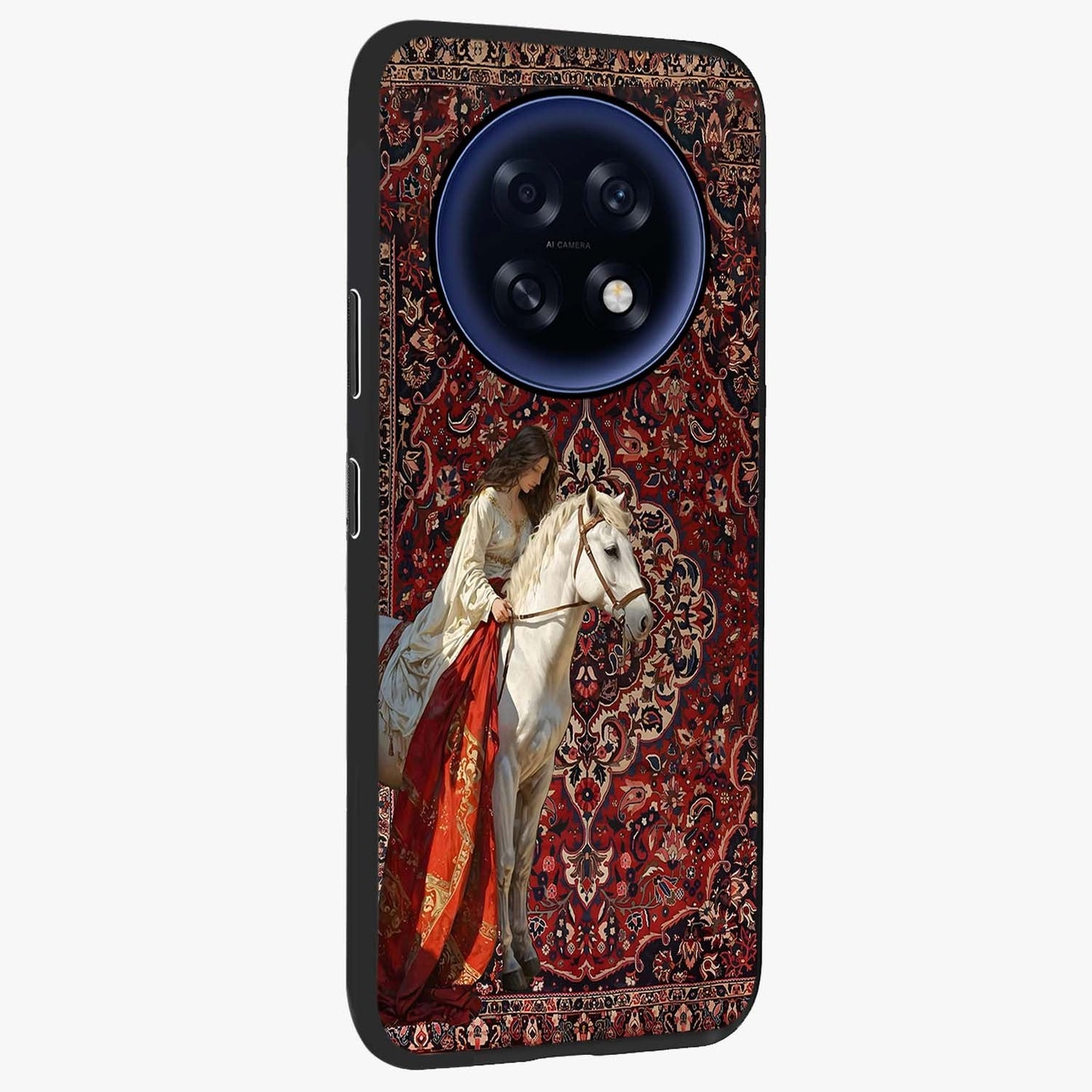 Royal Rider Tapestry Glass Case upright view showcasing detailed rider artwork with classic tapestry theme.