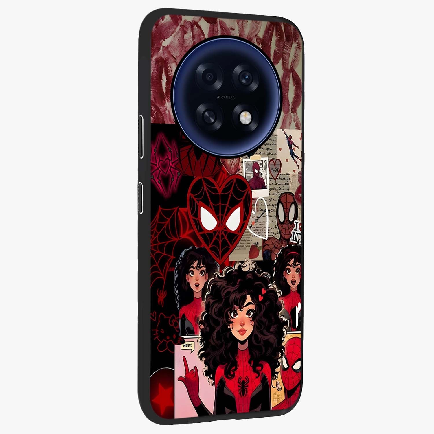 Spider Love Story Glass Case upright view showcasing charming superhero artwork with romantic comic theme.