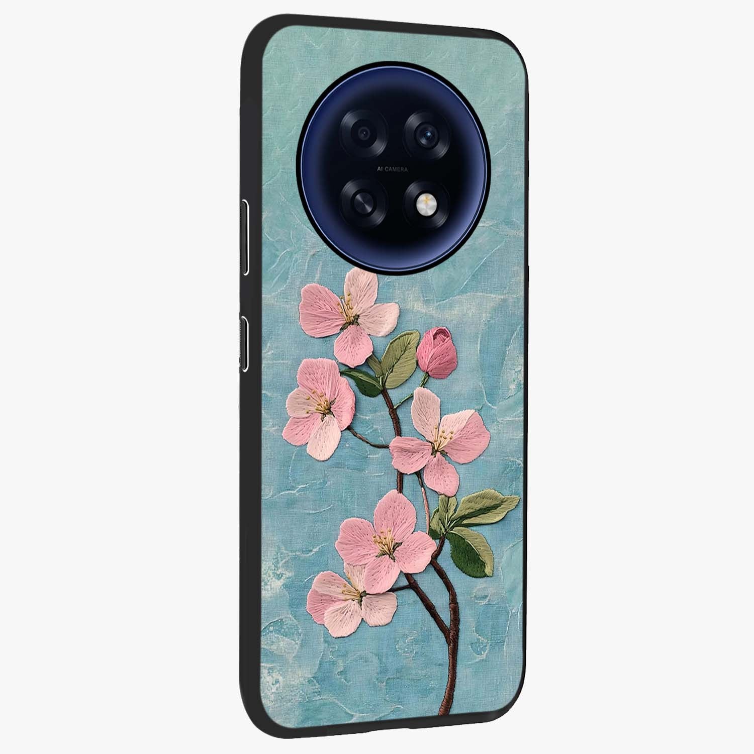 Threaded Blossom Breeze Glass Case upright view showcasing graceful flower artwork with calm botanical theme.