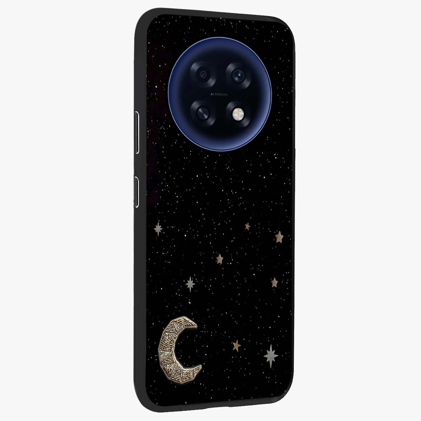Twinkle Star With Half Moon Glass Case upright view showcasing glowing cosmic artwork with dreamy night theme.