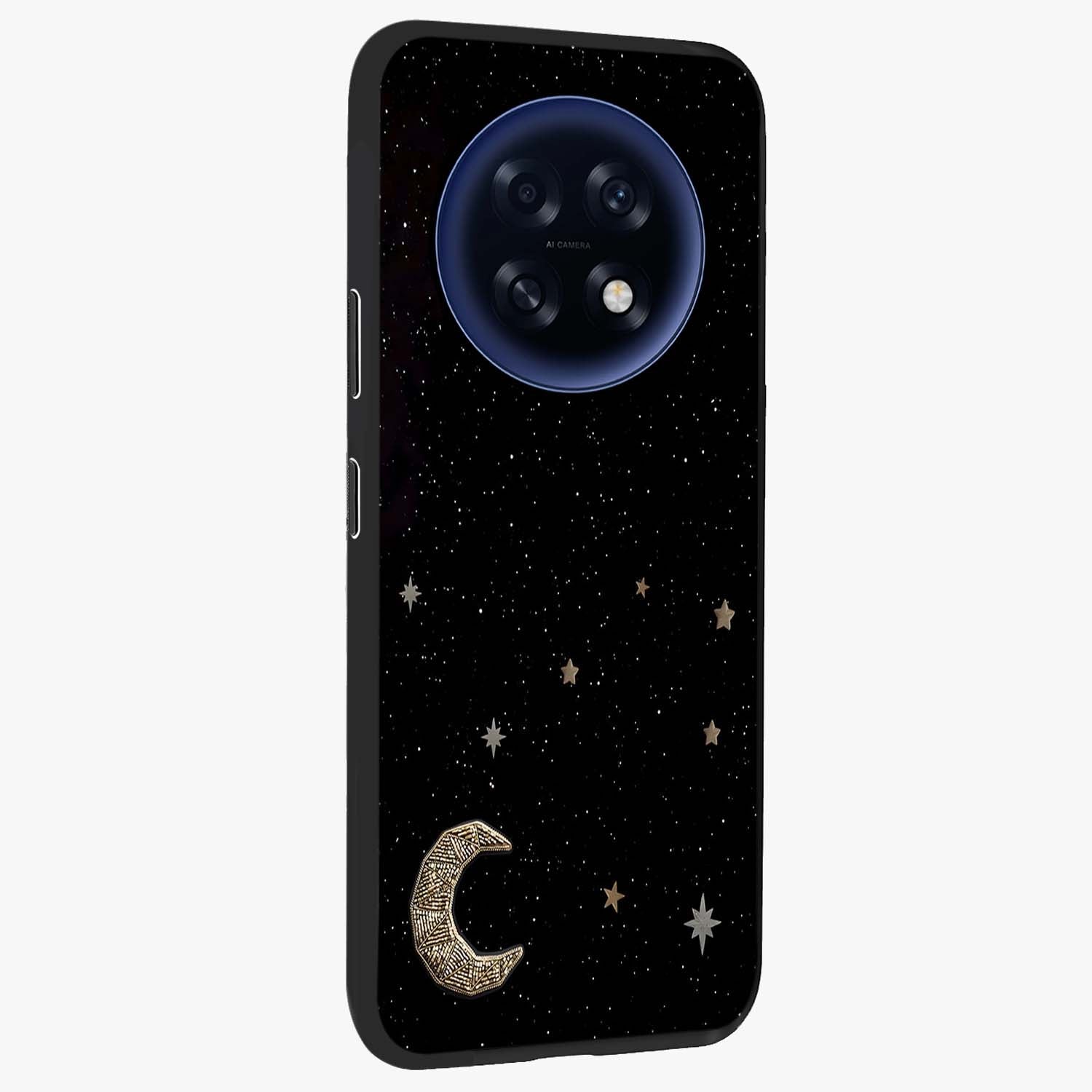 Twinkle Star With Half Moon Glass Case upright view showcasing glowing cosmic artwork with dreamy night theme.