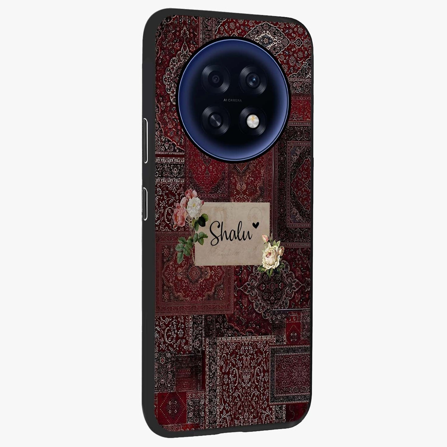 Velvet Wine Pattern Custom Name Glass Case upright view showcasing luxurious wine toned artwork with personalized aesthetic.