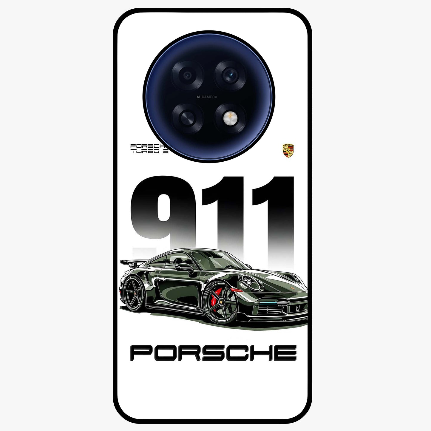 911 Turbo Dominance Glass Case showing clean flat back view with bold 911 sports car artwork and glossy glass finish.